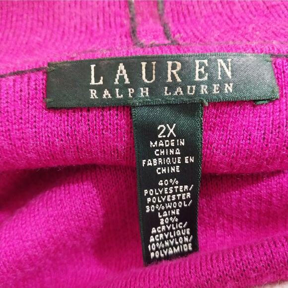 LAUREN BY RALPH LAUREN! BLACK & FUSCHIA PINK WOOL BLEND CARDIGAN SWEATER! SZ 2X - Picture 8 of 10